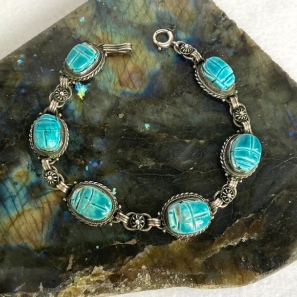 VTG Sterling Silver 925 Faience Glazed Ceramic Blue Scarab Link Bracelet 7" - Picture 16 of 16